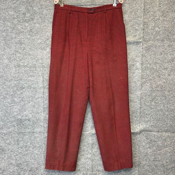 PENDLETON Pants Women's Size 14 Red Black Plaid Houndstooth Wool Pleated Trouser - Picture 1 of 15